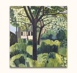 Jean Brusselmans - Spring 1936: A hand-painted garden scene with a central leafy tree, lush greenery, and a partially visible house, showcasing vibrant, expressive brushstrokes.
