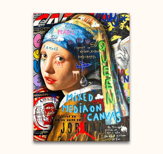 Jisbar's Meisje met de Parel reimagines Vermeer’s classic with graffiti, pop-art elements, and slogans, offering a vibrant, hand-painted modern twist on canvas.
