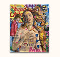 Jisbar - Venus Hockney: Pop-art collage blending a classical Venus figure with vibrant graffiti, hand-drawn symbols, and a small man in red. Ready to hang.