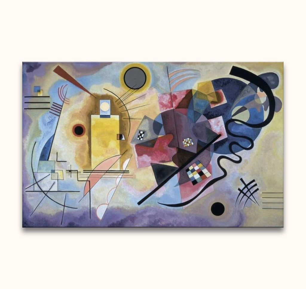 Abstract schilderij 'Yellow, red and blue' van Kandinsky. Geometrische vormen, lijnen en kleuren creëren een dynamische compositie. Geschilderd op canvas, klaar om op te hangen.
