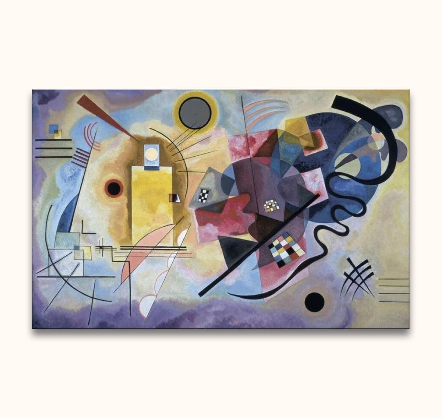 Abstract schilderij 'Yellow, red and blue' van Kandinsky. Geometrische vormen, lijnen en kleuren creëren een dynamische compositie. Geschilderd op canvas, klaar om op te hangen.