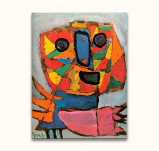 Bevrijdingsschreeuw 1948 by Karel Appel: Abstract impasto painting featuring a vibrant, mask-like creature with bold colors and textures, mounted and UV-protected for lasting display.