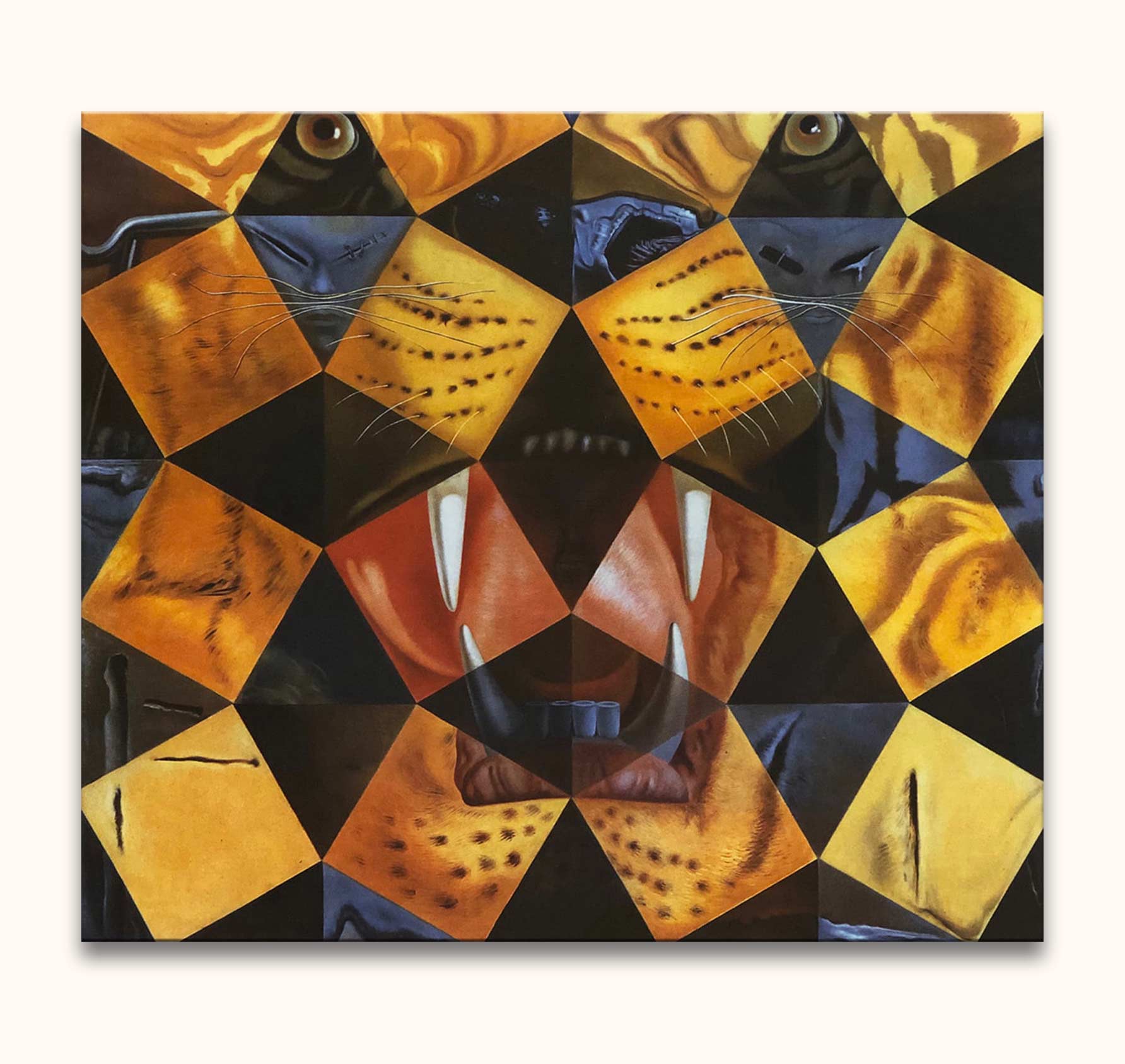 Salvador Dali signature - Koningstijger: A mosaic-style painting depicting a snarling big cat with intricate yellow and black tiles, capturing surreal modern art.