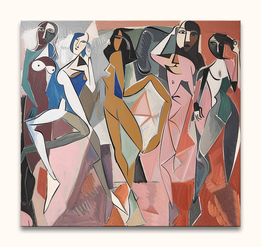 Cubist-inspired painting of five abstract female figures, titled Picasso signature - The Ladies of Avignon 1, hand-painted in modern style on high-quality canvas.
