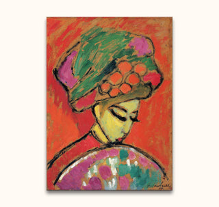 Fauvist-style portrait by Alexei von Jawlensky, depicting a woman in profile with a colorful hat, painted on high-quality canvas. Ready to hang, no frame needed.