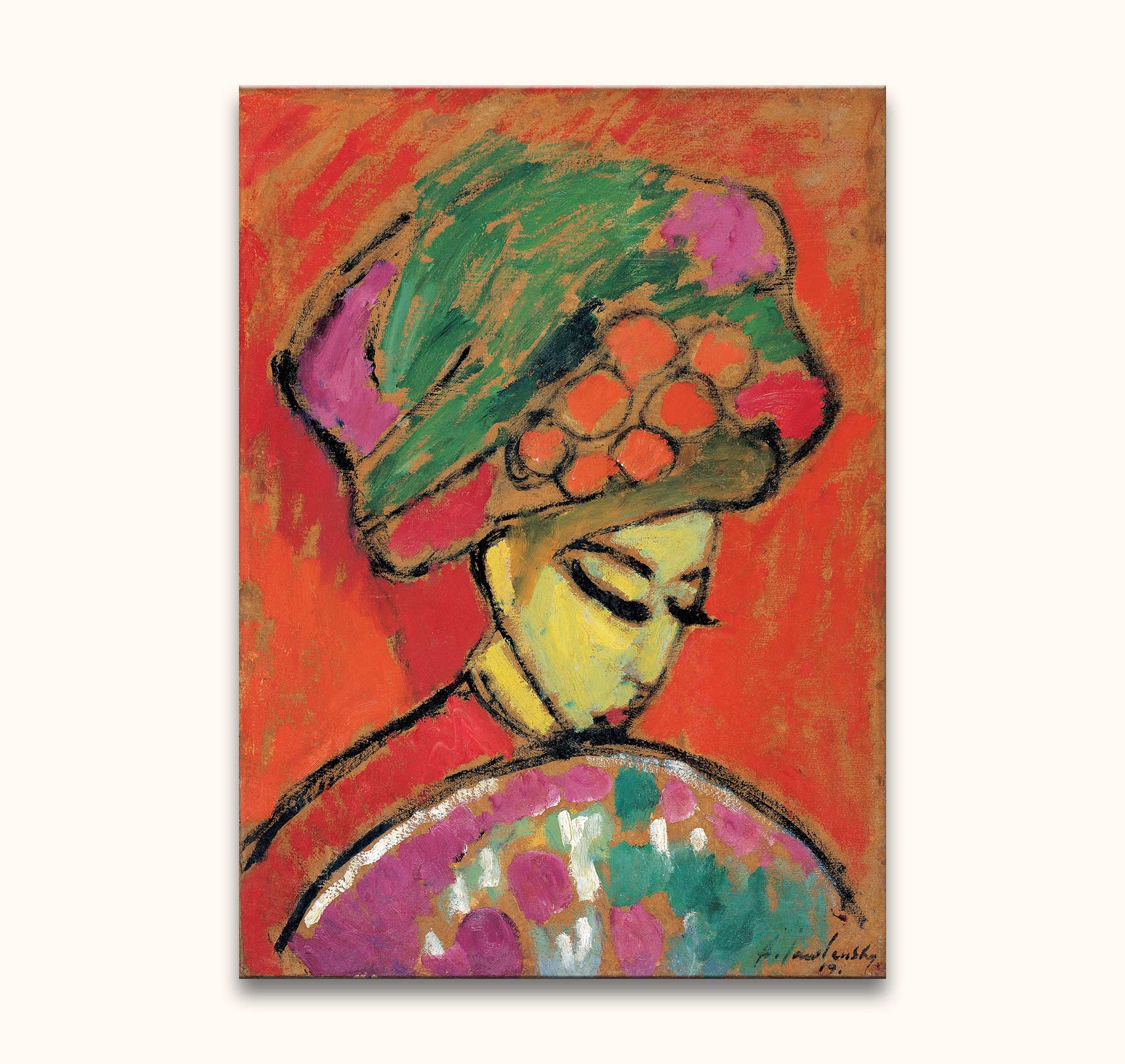 Fauvist-style portrait by Alexei von Jawlensky, depicting a woman in profile with a colorful hat, painted on high-quality canvas. Ready to hang, no frame needed.