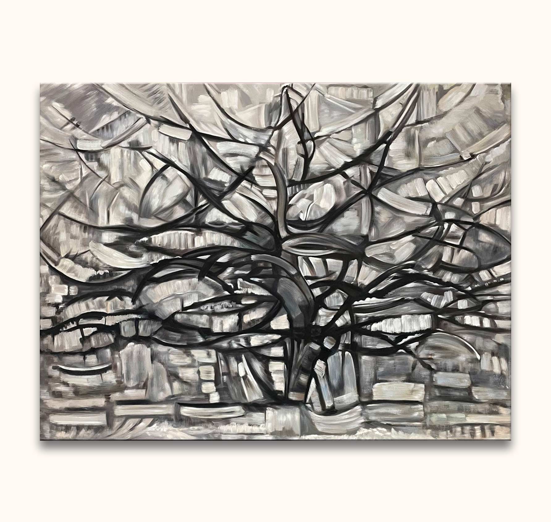 Piet Mondriaan's Girgio Tree is a monochromatic abstract canvas, featuring expressive, inky brushstrokes resembling a tree, layered with textured gray tones.