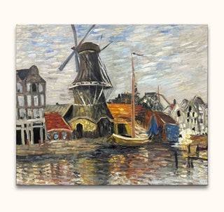 Claude Monet's oil painting Molen op de Onbekende Gracht in Amsterdam features a windmill, boat, and gabled buildings, capturing an impressionistic canal scene.