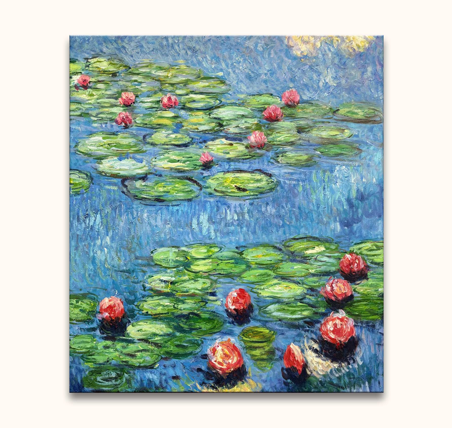 Claude Monet – Lotusbloemen in Park Monceau: Impressionistisch schilderij met waterlelies op een vijver, levendige penseelstreken, geïnspireerd door Monet's Waterlelies, handgeschilderd op canvas.