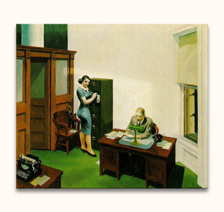 Edward Hopper signature - Office at Night: A man at a desk, a woman at a filing cabinet, mid-century office scene, hand-painted oil on canvas.