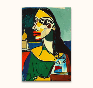 Mona Lisa in kubistische stijl, handgeschilderd, met expressieve geometrische vormen en kleuren. Picasso-signatuur, op houten frame, klaar om op te hangen.