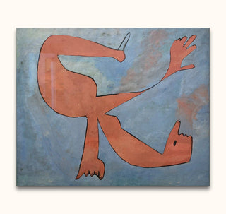 Abstract painting titled The Swimmer by Pablo Picasso, featuring a stylized orange-red form resembling limbs, set against a pale-blue background.