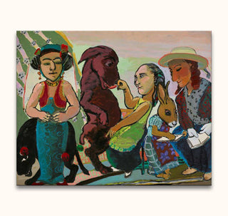 Paula Rego - On the Balcony: Surreal painting of four figures and a donkey, blending human and animal forms in a dreamlike setting.
