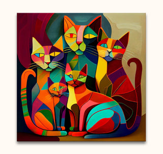 Picasso signature - Vijf Katten: A vibrant cubist oil painting depicting five abstract cats in geometric forms, perfect for modern art enthusiasts and interior decor.