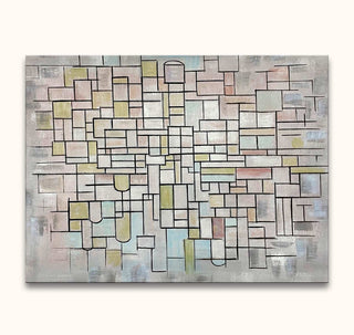 Abstract painting Piet Mondriaan - No. 11 features a grid of black lines with pastel backgrounds, evoking architectural blueprints. Ideal for modern art enthusiasts.