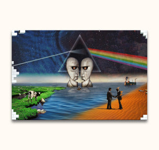 Pink Floyd Legacy - Olieverf op Canvas: A surreal collage of iconic Pink Floyd album imagery, hand-painted in high-quality oil, ready-to-hang on a wooden frame.