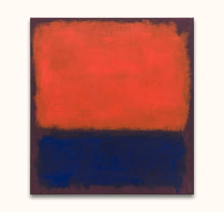 Rothko signature - Compositie 6: Modern abstract painting with glowing orange-red and navy-blue rectangles on maroon, hand-painted on museum-quality canvas. Ready to hang.