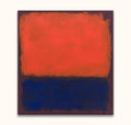 Rothko signature - Compositie 6: Modern abstract painting with glowing orange-red and navy-blue rectangles on maroon, hand-painted on museum-quality canvas. Ready to hang.