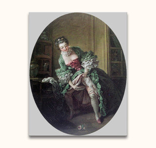 Francois Boucher - 'The Intimate Toilette': Rococo-style painting of a young woman in a green dress adjusting her stocking, with ornate interior details.