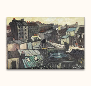 Vincent van Gogh - Daken in Parijs: Impressionistisch olieverfschilderij, toont stedelijk daklandschap van Quartier Latin, gespannen op houten frame, inclusief ophangsysteem, UV-bescherming, museumkwaliteit.