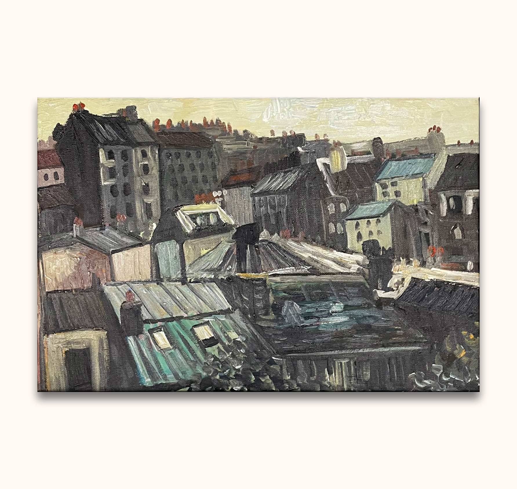 Vincent van Gogh - Daken in Parijs: Impressionistisch olieverfschilderij, toont stedelijk daklandschap van Quartier Latin, gespannen op houten frame, inclusief ophangsysteem, UV-bescherming, museumkwaliteit.