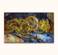 Vincent van Gogh's Vier Uitgebloeide Zonnebloemen hand-painted oil artwork, showcasing four sunflower heads with knobbly stems, ready to hang.