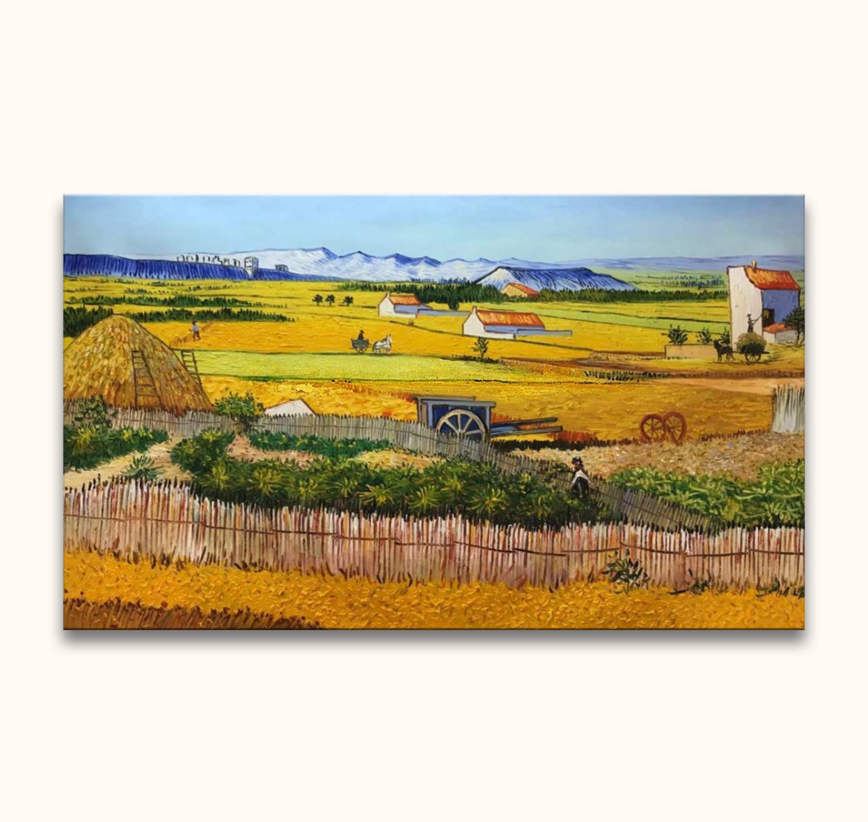 Vincent van Gogh - Graanboerderij in de Provence: impressionistisch olieverfschilderij met zomeroogst, figuur bij hek, graanvelden, en boerderijen. Geschilderd op museumkwaliteit canvas.