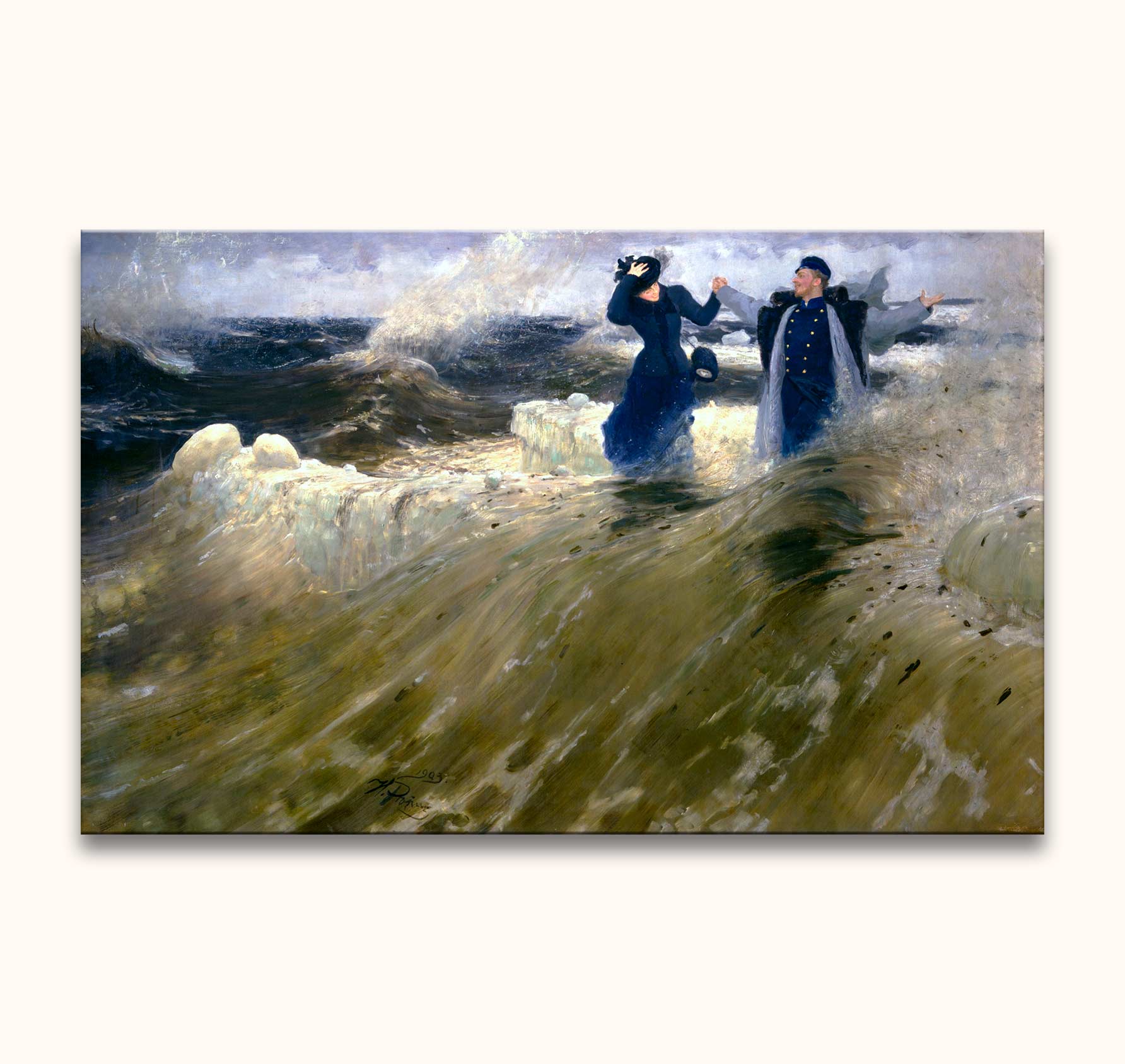 Ilja Jefimovitsj Repin's What a Freedom! features two figures braving waves on a late-19th-century seaside, showcasing realism and symbolism.