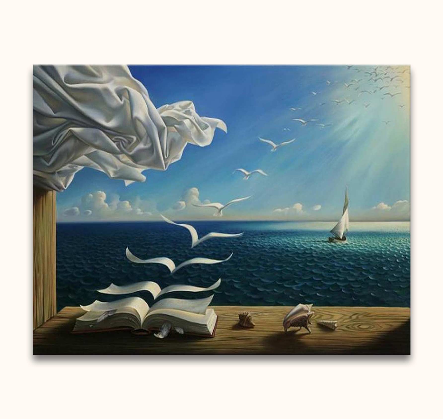 Surreal seascape painting Salvador Dali - Golven: dock with book morphing into birds, sailboat in calm sea, blending imagination and freedom.