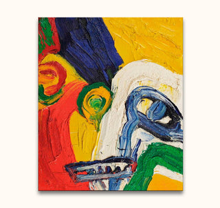 Abstract Gezicht - Olieverf op canvas: Textured impasto painting with vibrant colors and dynamic shapes, suggesting a stylized face. Ideal for modern art enthusiasts.