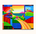 Cubist Landscape by Alexandria Winslow: A vibrant geometric oil painting featuring a winding path, houses, windmill, and stylized trees, perfect for modern art lovers.