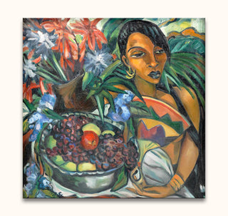 Irma Stern - Still life with African Woman: An expressive oil painting featuring a woman in geometric attire beside a fruit bowl, set against lush foliage.