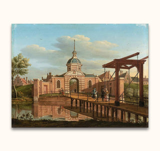 Classic Dutch town view with a brick gatehouse, wooden drawbridge, and canal. Hand-painted oil on canvas, perfect for art enthusiasts. Ready to hang.
