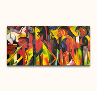 Abstract painting titled Franz Marc – Stallen featuring geometric and curvilinear forms in vibrant colors, inspired by Fauvism and Cubism, hand-painted with high-quality oil on canvas.