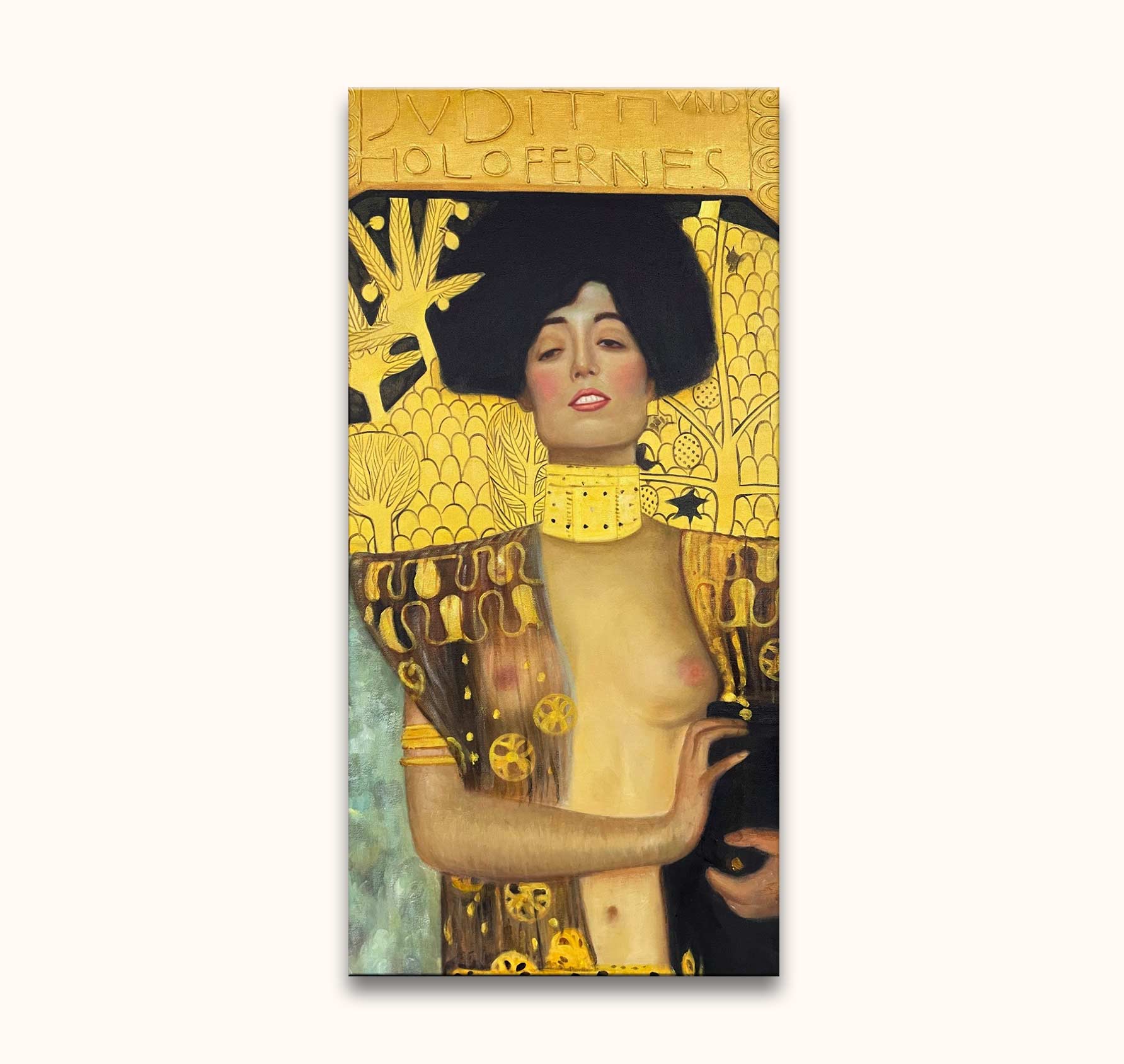 Gustav Klimt – Adele Danae: Handgeschilderd olieportret met expressieve kleuren en gouden motieven, buste van vrouw met gedetailleerde achtergrond, op canvas zonder lijst, ophangklaar.