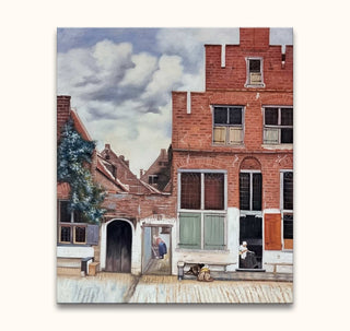 Johannes Vermeer – Het Straatje van Vermeer: Twee vrouwen bij een 17e-eeuws Delftse huis, hond rustend op de drempel. Handgeschilderd olieverfschilderij, perfect voor elke kunstliefhebber.