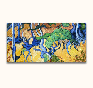Vincent van Gogh's 'Boomwortels' oil painting features gnarled tree trunks, vibrant foliage, and a bold, abstract style. Ready to hang, stretched on a wooden frame.