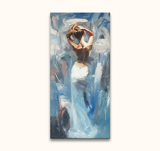 Vrouw in witte jurk met opgestoken haar, impressionistisch geschilderd op smal canvas. Verleidster in Wit - Olieverf op canvas, handgeschilderd meesterwerk.