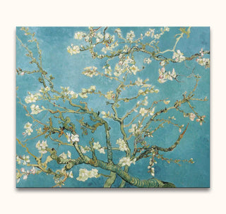 Vincent van Gogh - Amandelbloesem: Handgeschilderd olieverfschilderij met bloeiende takken tegen turquoise achtergrond, klaar om op te hangen. Geschilderd op museumkwaliteit canvas.