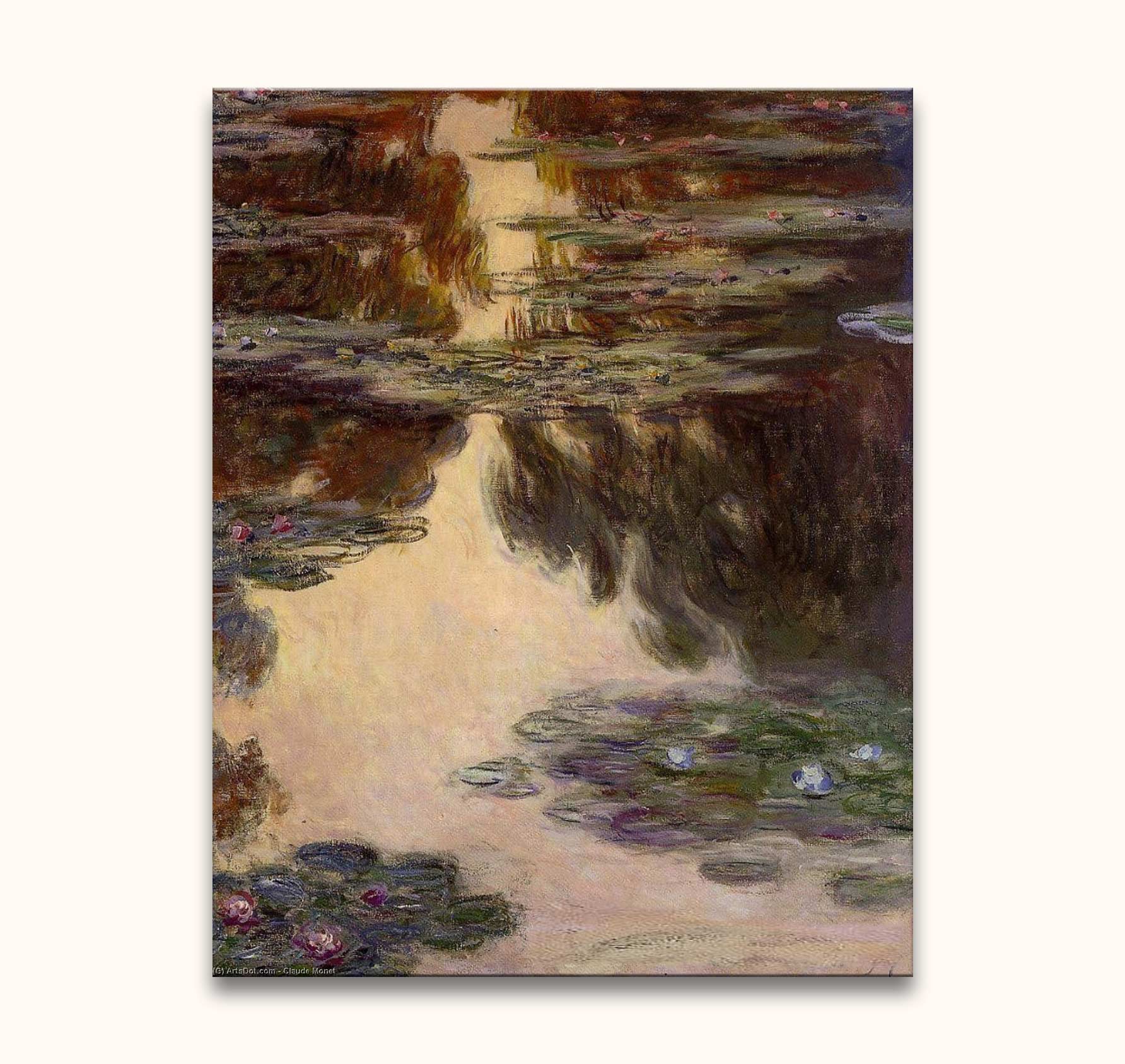 Monet's impressionistisch olieverfdoek Lotusbloemen bij Ardèche, met waterlelies en reflecties, professioneel geschilderd op museumkwaliteit canvas, klaar om op te hangen.