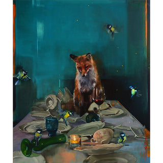 Innocent by Eva de Visser: A surreal oil painting featuring a red fox at a whimsical dinner table with songbirds, on museum-quality canvas, 110x130cm.