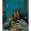 Innocent by Eva de Visser: A surreal oil painting featuring a red fox at a whimsical dinner table with songbirds, on museum-quality canvas, 110x130cm.