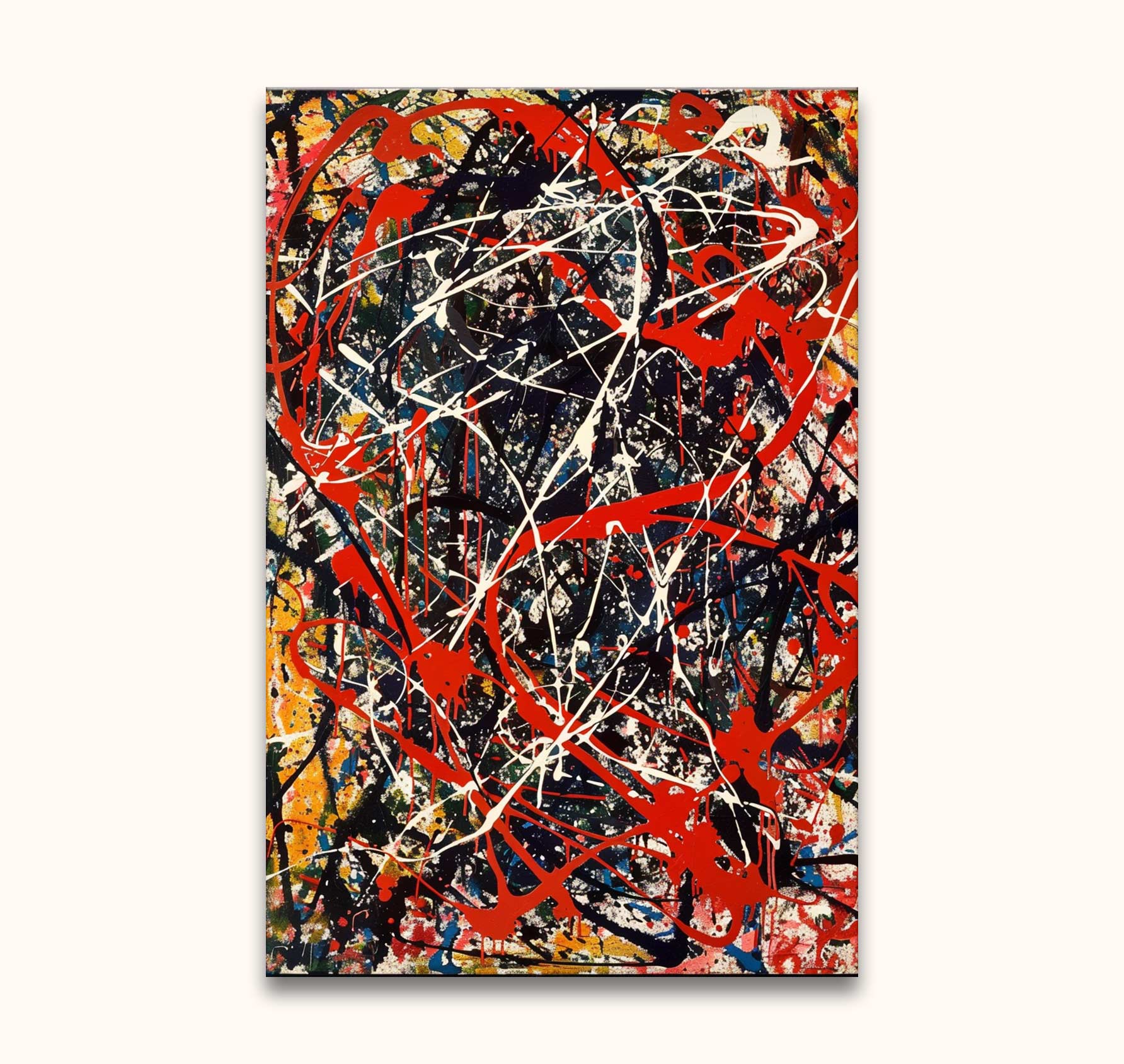 Abstract schilderij A Day at the Park in Jackson Pollock-stijl, met energieke verfstrepen en spetters, handgeschilderd op canvas. Ideaal voor expressieve kunstliefhebbers.