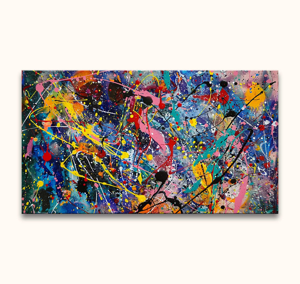 Jackson Pollock signature - The Night Sky: Abstract schilderij met levendige kleurspatten en dynamische penseelstreken op canvas, perfect voor expressieve kunstliefhebbers. Klaar om op te hangen.