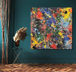 Abstract painting Jackson Pollock Signature - Day at the Park in drip style, vibrant colors, on teal wall, accompanied by dried pampas in an amber vase.