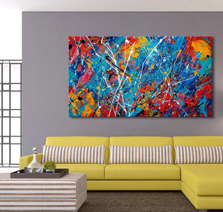 Jackson Pollock signature - Tropical Energy: Vibrant abstract drip painting with bold colors on canvas in a modern living room.