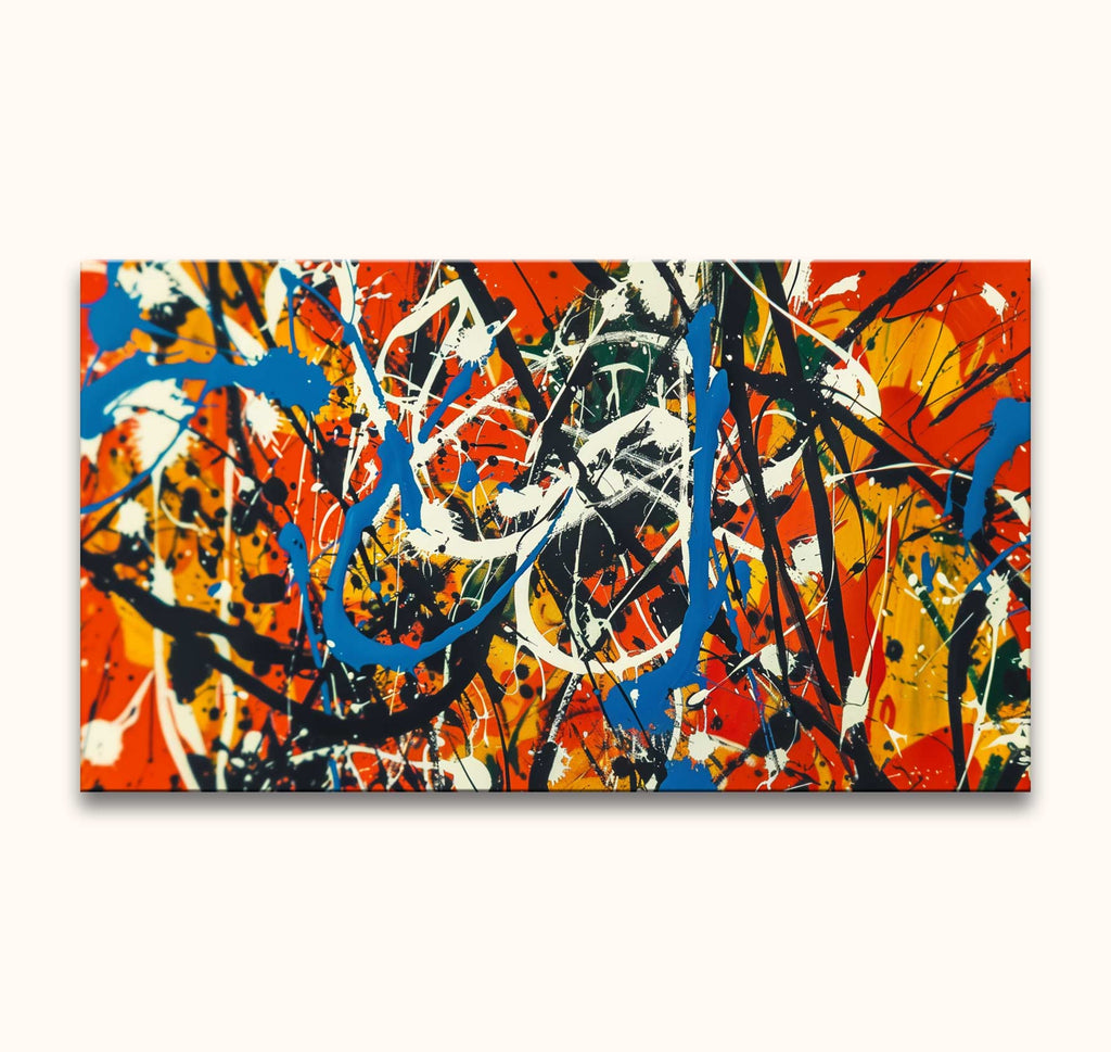 Jackson Pollock signature - Energetic Daylight: Abstract painting with dynamic swirls and splashes on a fiery red-orange background, capturing vibrant, chaotic energy.