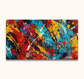 Abstract painting Rodeo Drive featuring dynamic, colorful splatters and brushstrokes in Jackson Pollock's signature style, ideal for expressive art enthusiasts.