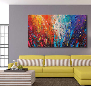 Jackson Pollock signature - Hot Summer Day painting, abstract streaks above yellow sofa in modern living room. Vibrant oil on canvas, ready to hang.