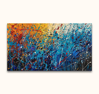 Contemporary abstract painting, Jackson Pollock signature - Under the Trees, featuring vibrant drips and splatters in warm tones and deep blues on a textured canvas.